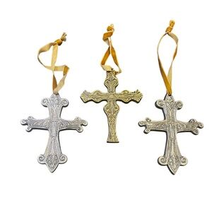 Set of Three Metal Crosses 2 Silver Tone and One Gold Tone  with Velvet Hangers